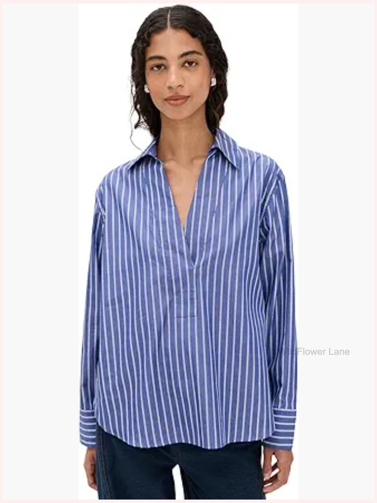 Relaxed Popover Long Sleeve Top - Striped Button Down Peasant Blouse